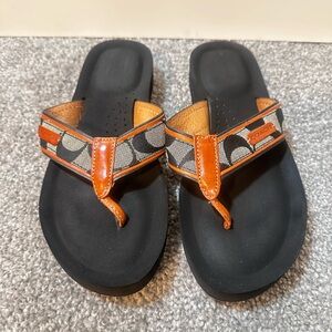 Coach Juliet Signature Wedge Flip Flop Sandals - Black/Tan Monogram- size 36.5